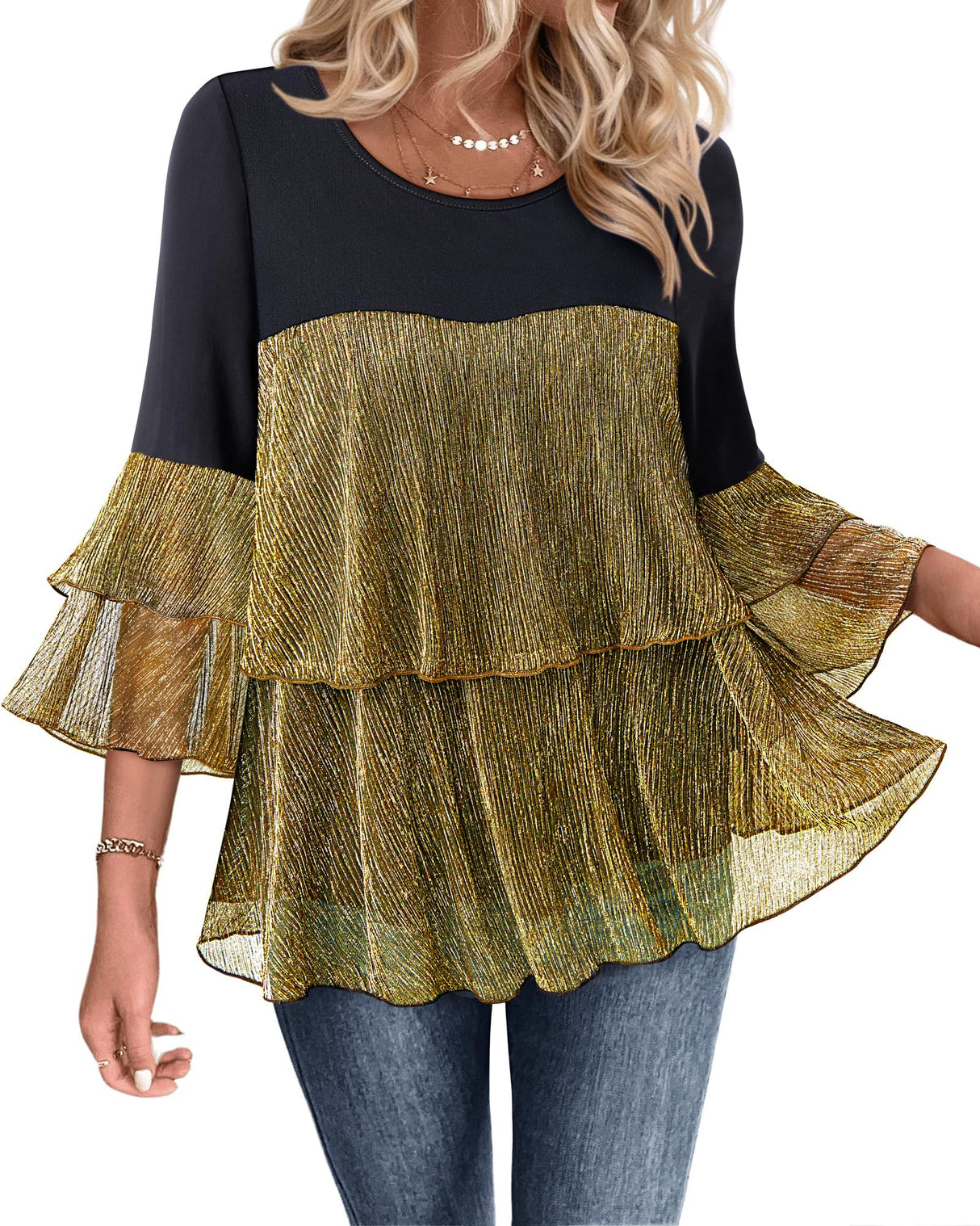 Bebonnie Flowy Sparkly Tops for Women Party: Ladies Casual Long Sleeve Dress Shirts Chiffon Blouses Plus Size Dressy Tops for Wedding Elegant Christmas Night Out Fancy Evening Wear Black Gold XXL