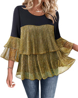 Bebonnie Flowy Sparkly Tops for Women Party: Ladies Casual Long Sleeve Dress Shirts Chiffon Blouses Plus Size Dressy Tops for Wedding Elegant Christmas Night Out Fancy Evening Wear Black Gold XXL