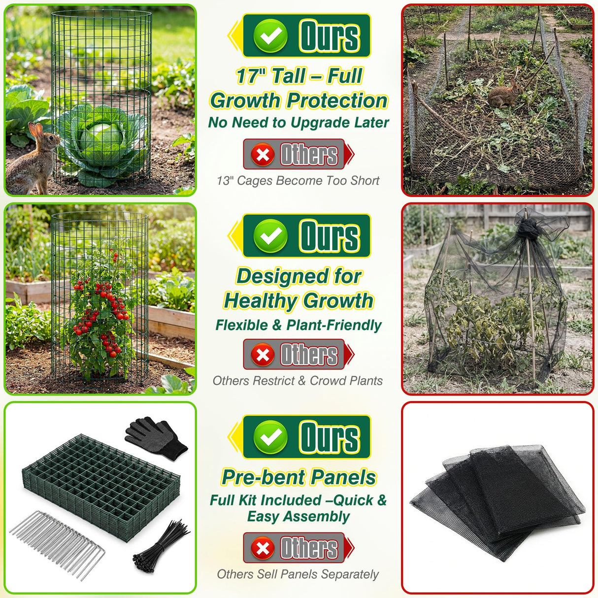12 Pack 17" x 12" Tall Round Plant Cage - 36PCS Plant Support Cage Metal Wire Mesh Plant Protector for Outdoor Gardening Supplies Garden Protection Rabbits Chickens Ducks for Vegetables Flowers Shrubs