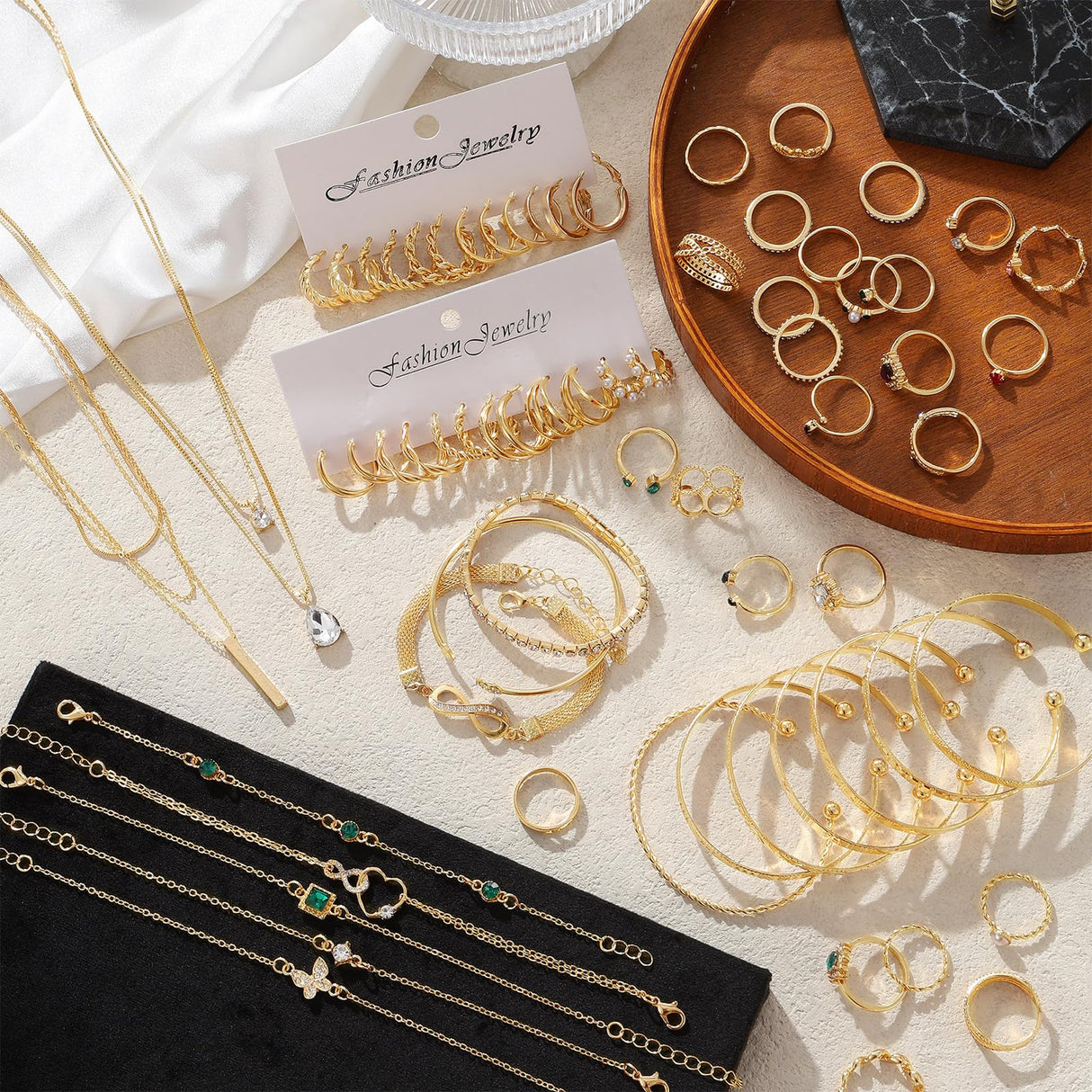 IFKM Gold Jewelry Set For Women, 14k Gold Plated Multi Layer Necklaces Bracelets Stackable Knuckle Rings Hoop Earrings set, Trendy Elegance Charms Non Tarnish Minimalist Textured Boho Jewelry Gift