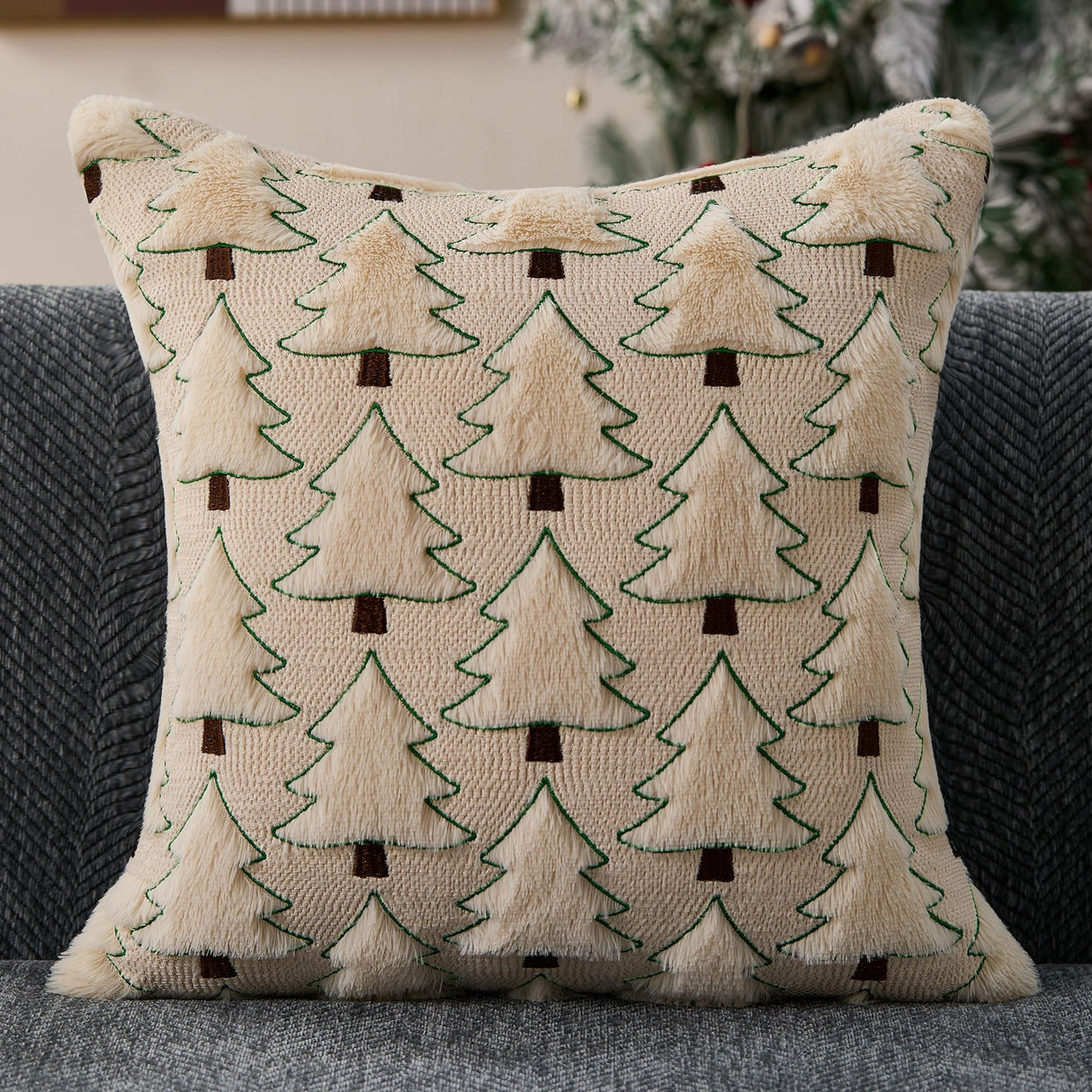 Allorry Christmas Pillow Covers 20x20 inch Set of 2 Christmas Decorations Soft Plush Faux Fur Wool Beige Xmas Tree Throw Pillow Cases Winter Holiday Decor for Sofa Living Room PT-012C20