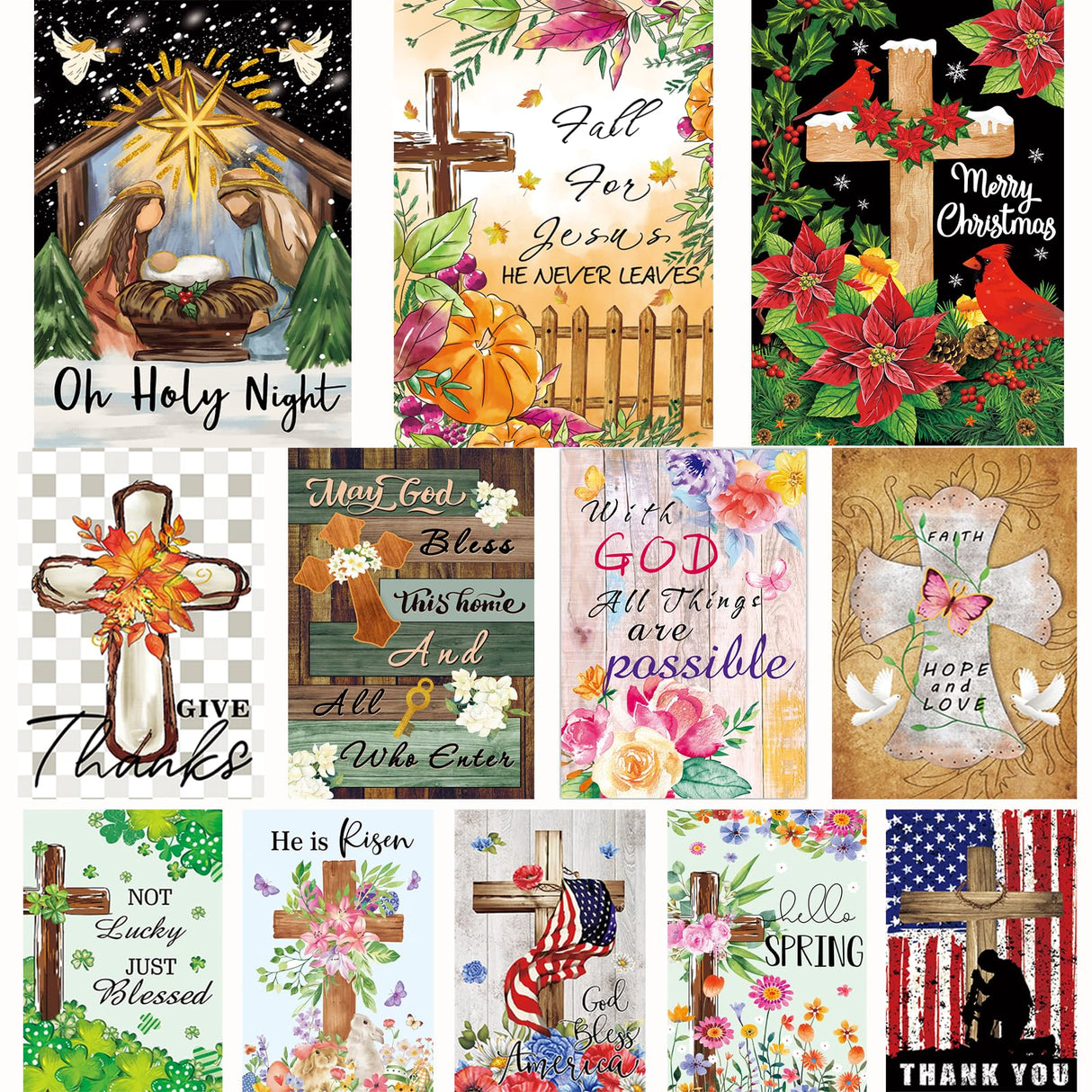 Christian Seasonal Garden Flags Set of 12 Double Sided 12 x 18 Inch Cross Yard Flags, Small Flags for Outside, Fall Winter Easter Christmas Outdoor Flags, Holiday Garden Flags for All Seasons ﻿