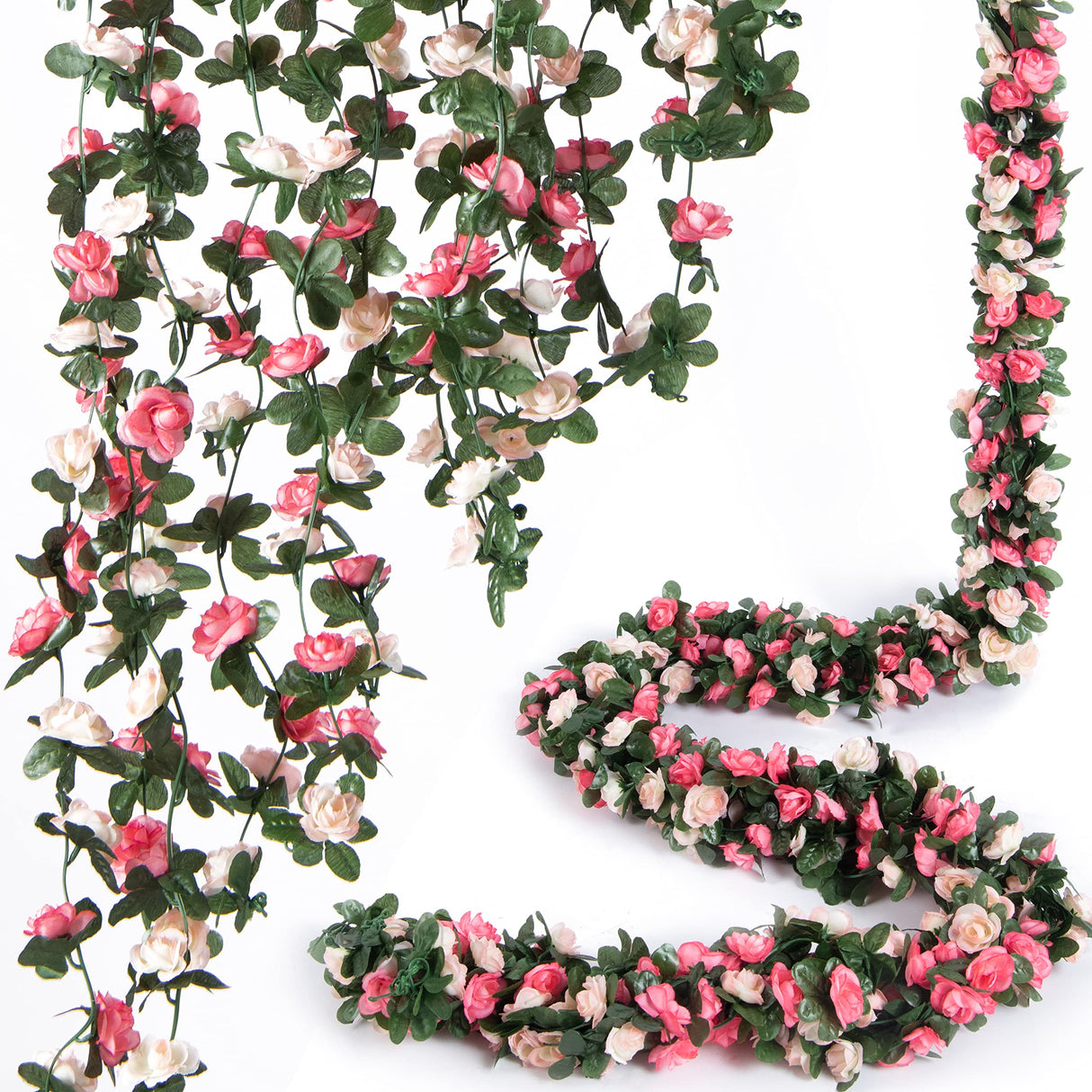 PONKING 8 Pcs x 8.2 ft Flower Garland Artificial Rose Vine Flowers with Green Leaves Hanging Fake Roses Vine for Room Party Home Wedding Birthday Christmas Wall Arch Decor, Spring Pink Flower