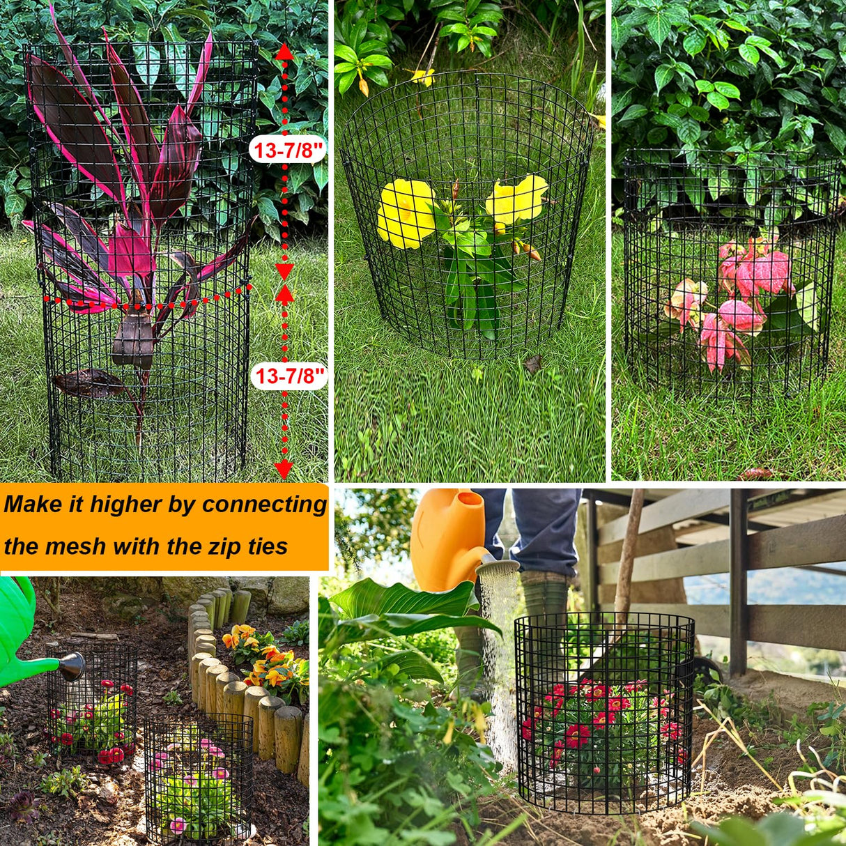 6 Pack Plant Protector from Animals, 13.5" Dia x 14" H Wire Plant Protectors, 18pcs Pre-Bent Metal Mesh to Keep Animals Out with Zip Ties & Stakes (6 Packs)
