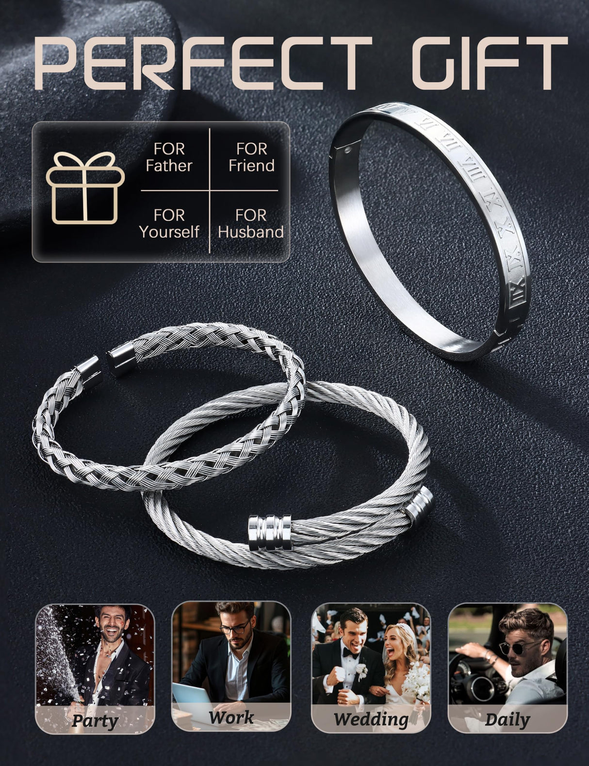 YADOCA 3Pcs Stainless Steel Bracelets for Men Roman Numeral Bangle Bracelet Adjustable Cuff Bracelet Twisted Cable Bracelet Mens Luxury Bracelets Jewelry Gifts Gold/Silver/Black
