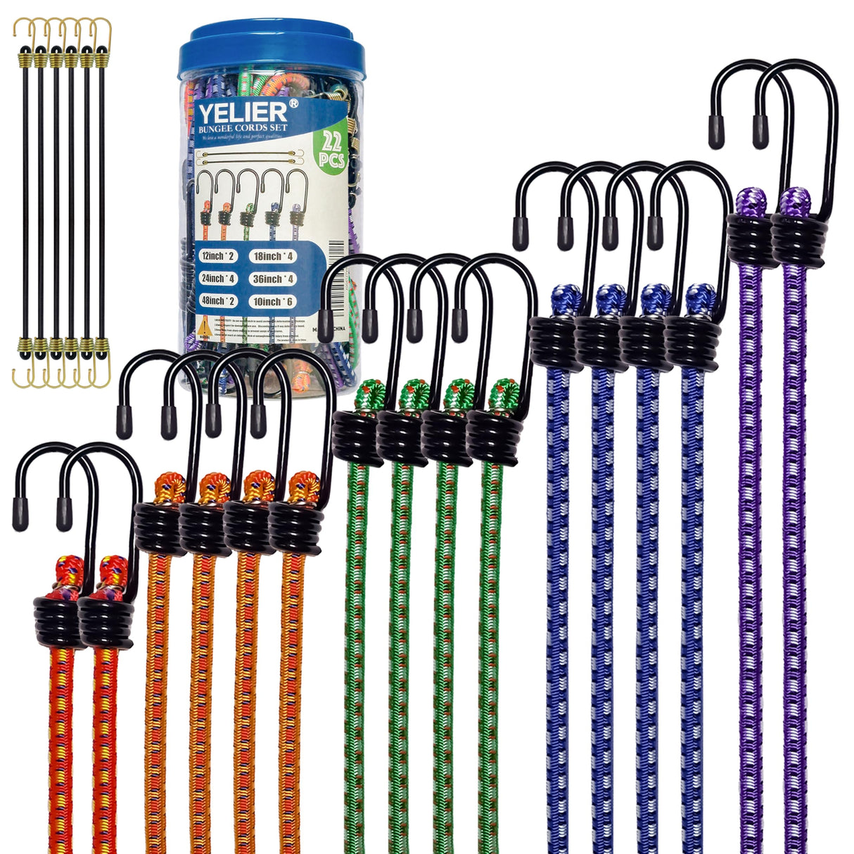 YELIER Bungee Cords with Hooks, Heavy Duty Assorted Set, 22PCS – 12", 18", 24", 36",48", Small Bungee Cords, Tent, Truck, Outdoor (22, 10" 12" 18" 24" 36" 48")