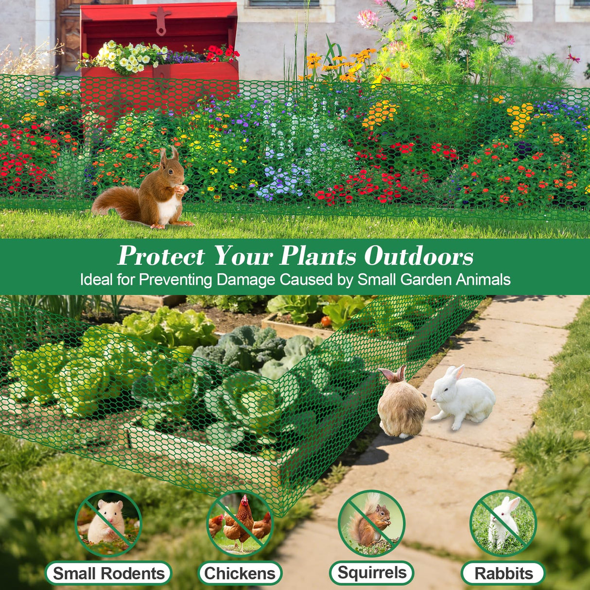 Lucomb Plant Protectors from Animals 15.7 x 157 in Green Chicken Wire Plant Cages for Outdoor Plants, Hexagonal Wire Plant Protector with Ground Stakes, Pliers, Garden Protection from Animals