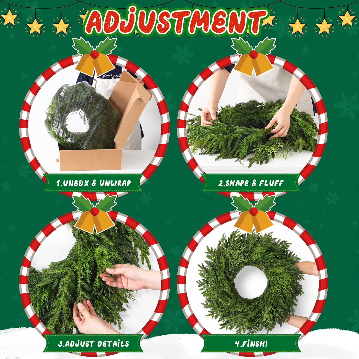 26" Large Cedar Norfolk Pine Wreath for Front Door, Faux Christmas Wreath