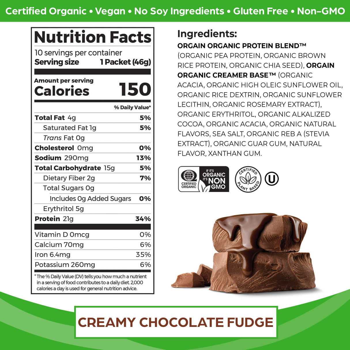 Orgain Organic Vegan Protein Powder, Creamy Chocolate Fudge - 21g Plant Protein, 6g Prebiotic Fiber, Low Carb, No Lactose Ingredients, No Added Sugar, Non-GMO, For Shakes & Smoothies, 10 Travel Packs