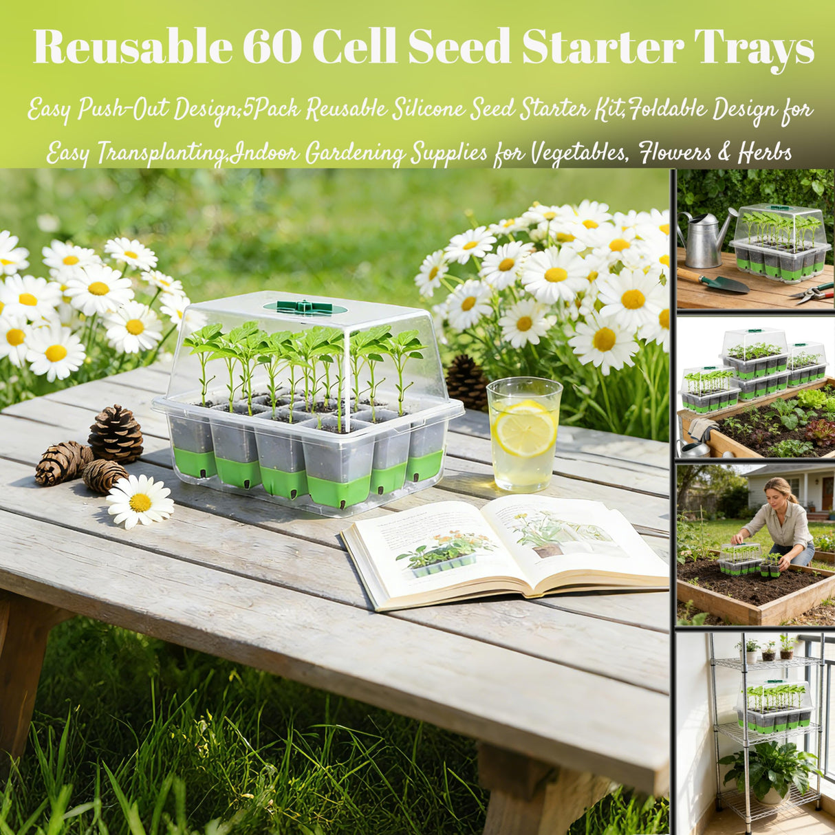 NestNature 5-Pack Seed Starter Tray Set|60-Cell Flexible Germination Trays