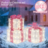 Christmas Decorations, 140 LEDs Set of 3 Lighted Gift Boxes with Silver Tinsel and Pink Bows, Warm White Present Boxes for Indoor Outdoor Holiday Party Yard Bedroom Home Xmas Decor