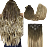 GOO GOO Clip in Hair Extensions Real Human Hair, Remy Human Hair Extensions Clip ins for Women, Natural Human Hair, 16inch 120g 7Pcs, 3/8/613 Balayage Walnut Brown to Ash Brown and Bleach Blonde