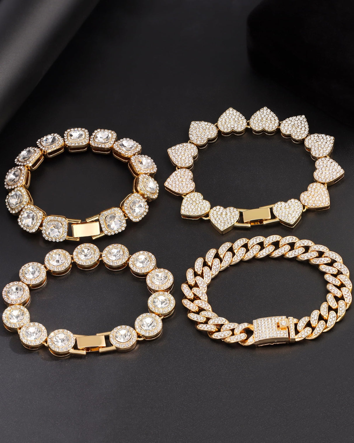 shopbyskyler 4PCS Gold Bracelets for Women Silver Clustered Tennis Bracelet for Women Heart Round Diamond Cuban Bracelet Layered Link Bracelet Set Fashion Jewelry for Women Set (Gold, 7inch)