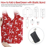 BeeGreen Christmas Reusable Grocery Bags 10 Pack Reusable Shopping Bags Bulk Christmas Gifts Tote Bags with Zipper Storage Pouch Elastic Band Foldable-Machine Washable