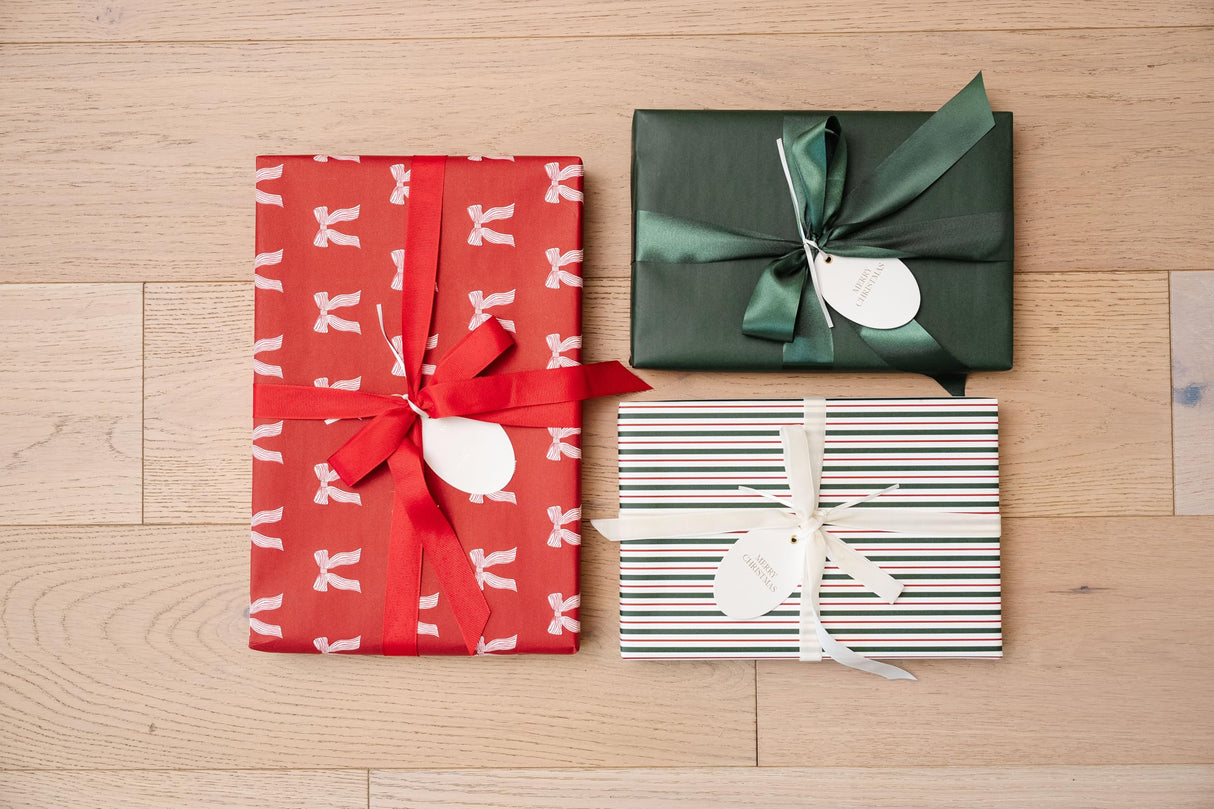 Merry Market Christmas Wrapping Paper Rolls, Premium Matte Gift Wrap, 30” x 168” Large Roll, Bows Stripes Design, Holiday Gift Wrapping