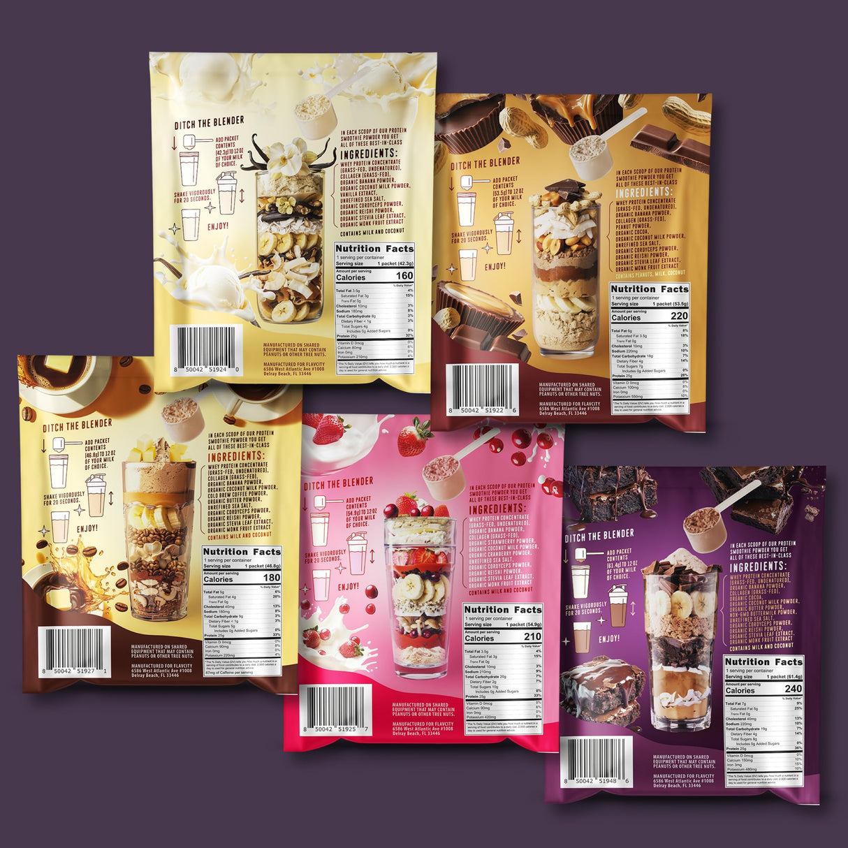 FlavCity Grass Fed Whey Protein Powder - Variety Pack - 25g Protein & 10g Collagen - 5 Single Serve Packets - Made with Organic Reishi & Cordyceps - Gluten Free & No Added Sugars