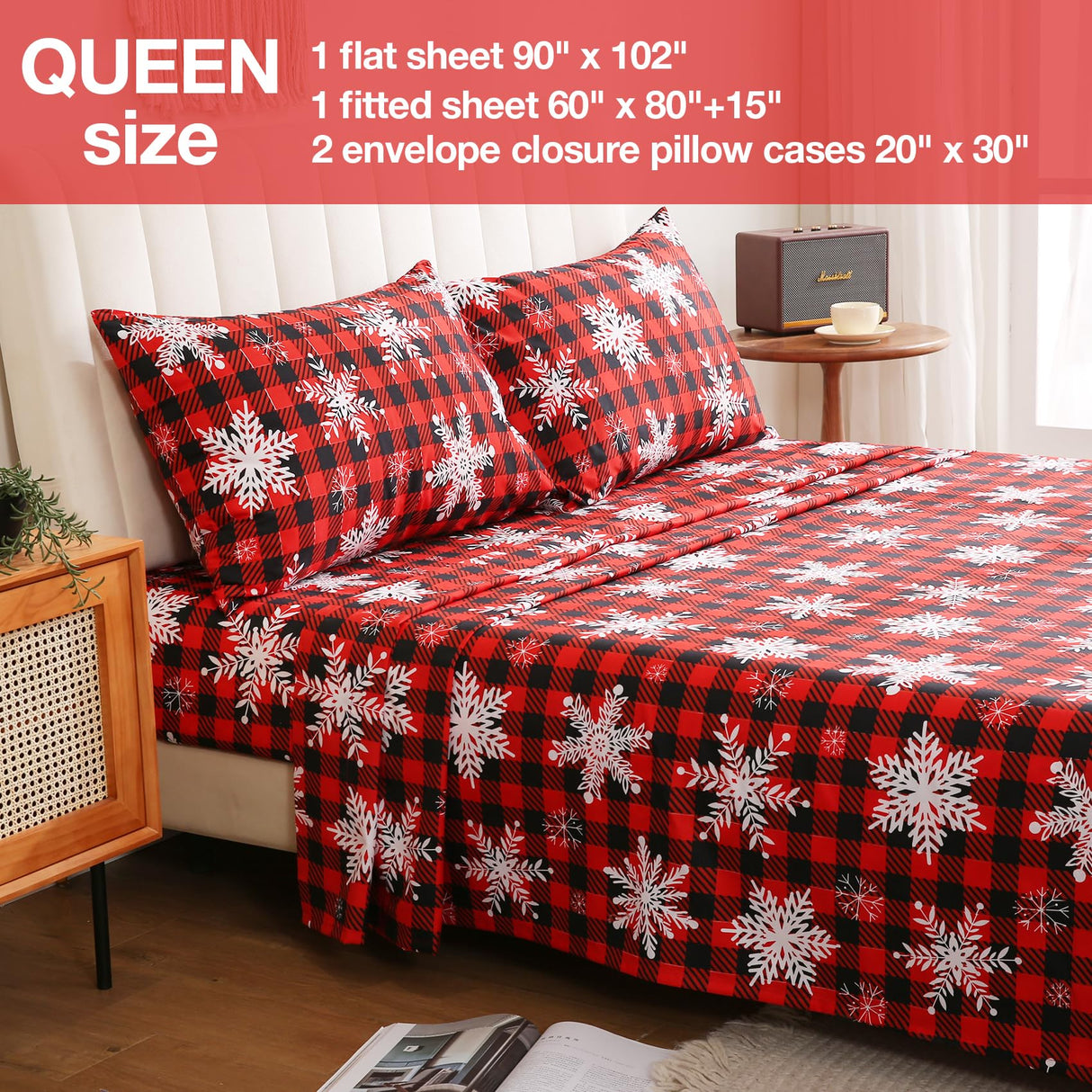 JSD Red Buffalo Plaid Snowflakes Sheet Set Queen Size, 4 Piece Christmas Winter Microfiber Bedding Sheets Extra Deep Pocket