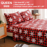 JSD Red Buffalo Plaid Snowflakes Sheet Set Queen Size, 4 Piece Christmas Winter Microfiber Bedding Sheets Extra Deep Pocket