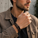 Premium Men’s Bracelet | Leather Bracelet for Men | Beaded Bracelets Black Onyx & Tiger-Eye Beads | Brown Leather Jewelry with Adjustable Stainless-Steel Clasp | Gift Dad Husband Son Boyfriend