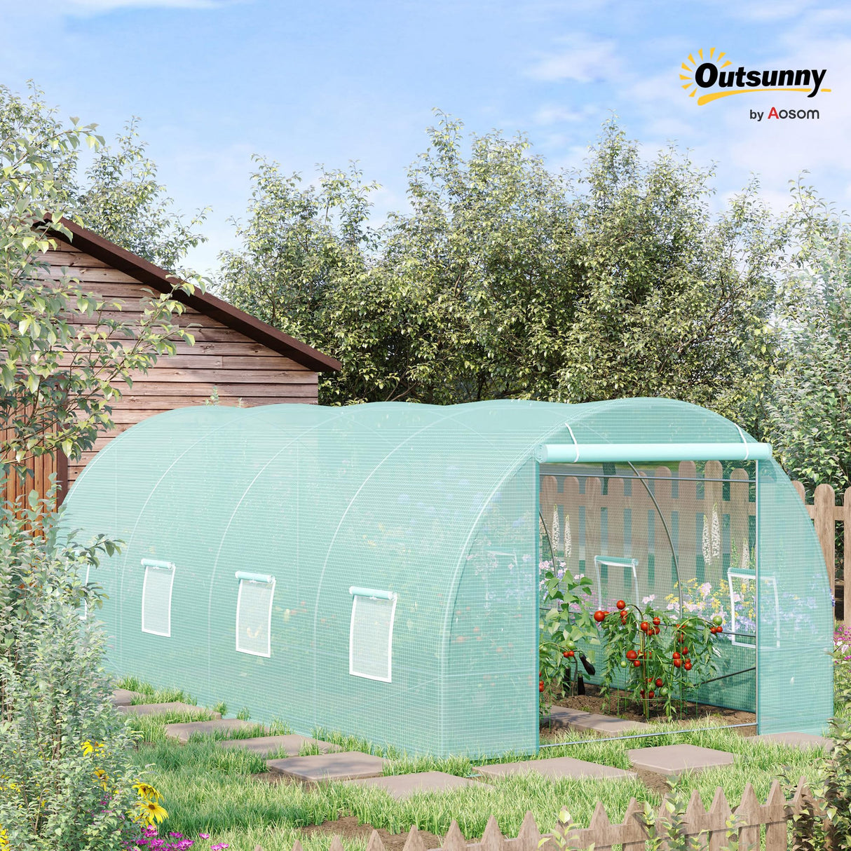 Outsunny 20' x 10' x 7' Walk-in Tunnel Greenhouse with Zippered Door & 8 Mesh Windows, Large Garden Green House Kit, Galvanized Steel Frame, Green