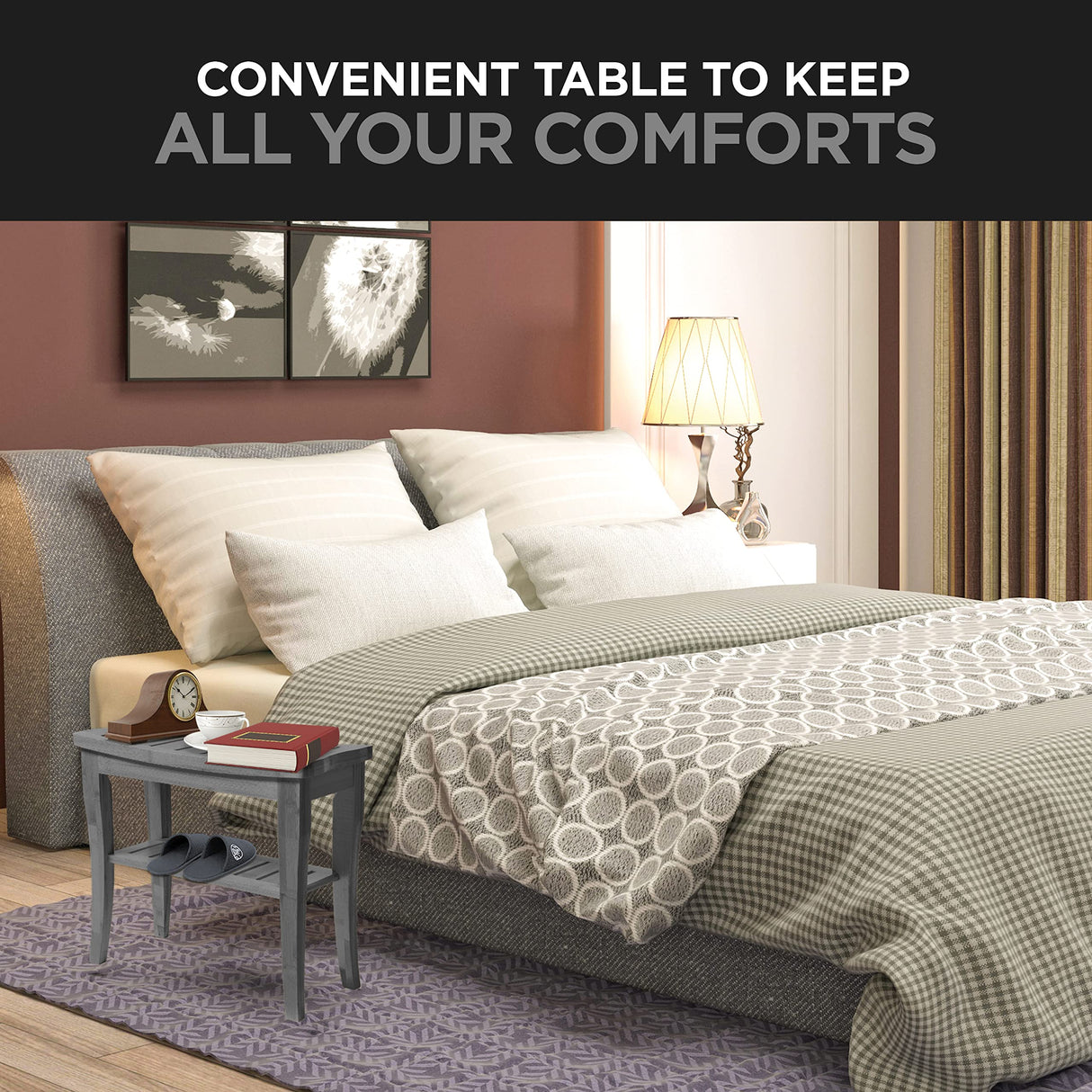 Bamboo Shower Bench - Small Shower Stool with Storage Shelf, Non-Slip Shower Seat, Bathroom Bench, Spa Decor Wooden Shower Bench, Foot Rest Shaving Stool for Shower, Indoor/Outdoor Use, Grey