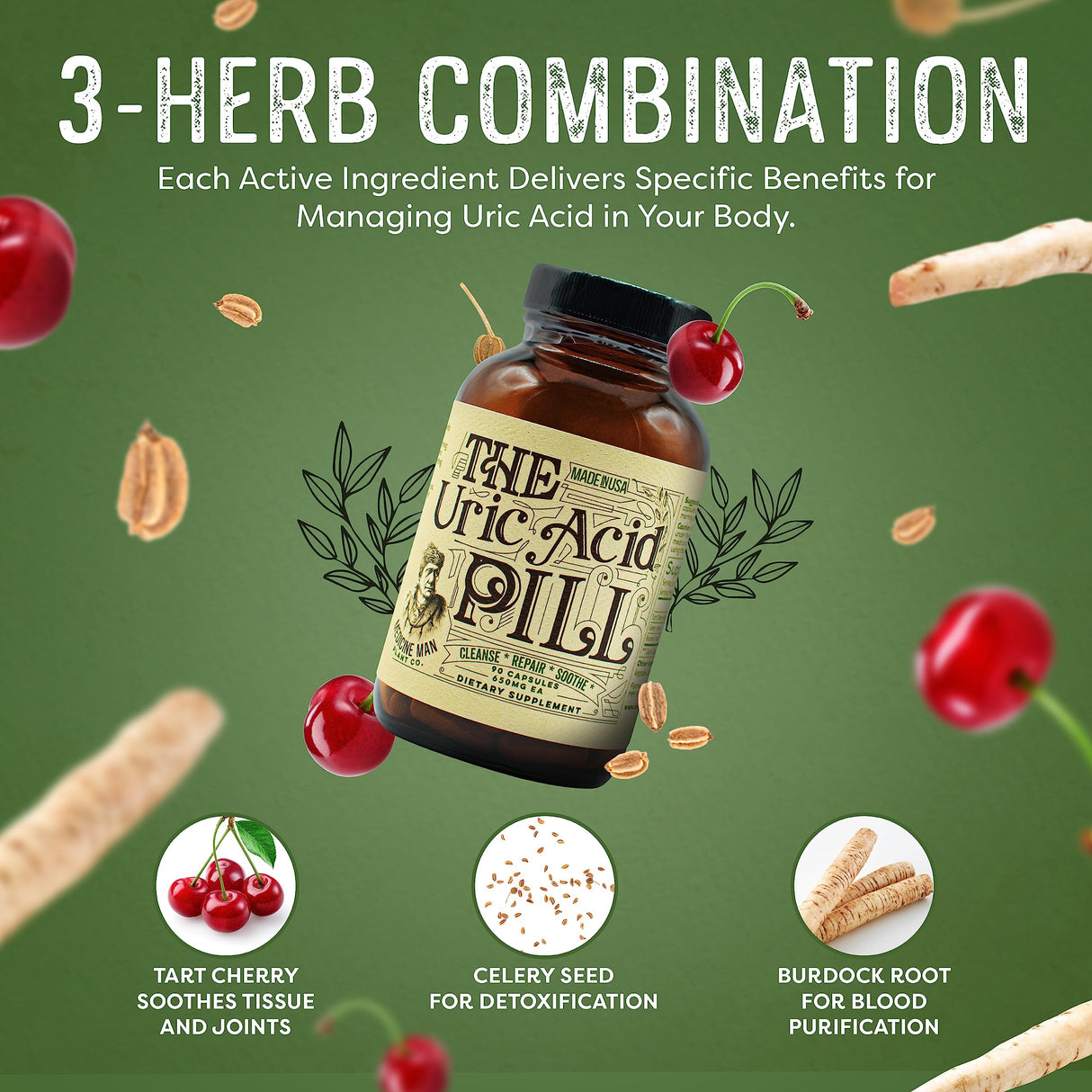 The Uric Acid Pill 90 Capsules - Uric Acid Supplement with Tart Cherry Extract, Celery Seeds, and Burdock Root - Uric Acid Support Supplement containing Non-GMO and Herbal Ingredients