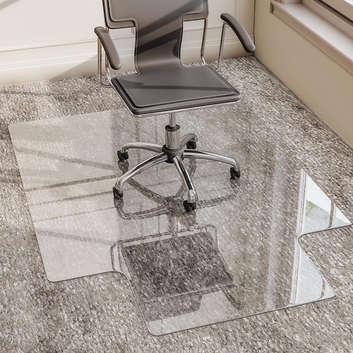 GLSLAND Irregular Tempered Glass Floor Mat - 45" x 53" Office Chair Mat for Carpet Clear Duty Hard Rolling Glass Mat 1/5" Thick for Hardwood Floor/Carpeted Floors, Clear