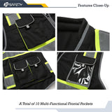 JKSafety 10 Pockets Hi-Vis Zipper Front Black Safety Vest | Cushioned Collar | High Reflective Tapes with Extended Neon Yellow Strips | Meets ANSI/ISEA Standards (Large, 89-Black)