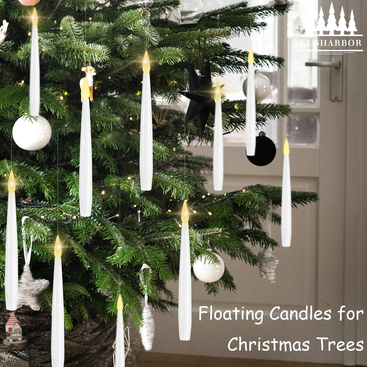 LUSHARBOR Floating Candles with Wand, 10 Pack Halloween Flameless Candles Battery Operated LED Taper Hanging Electric Candle for Christmas Halloween Birthday Party Decor 6.1in