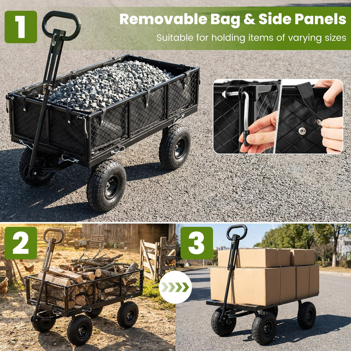 Goplus 880lbs Heavy Duty Garden Cart, Metal Utility Wagon Cart with Removable Oxford Cloth Liner & Mesh Sides, 10" Pneumatic Tires, 180° Rotating Handle for Yard, Lawn