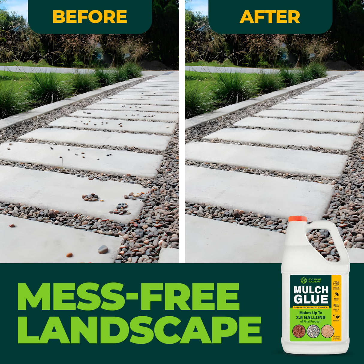 ECO LIVING SOLUTIONS Mulch Glue for Landscaping - Rock & Gravel Binder | Spray Glue for Paver Sealer | Landscape Glue for Mulch & Pebbles | Pet Safe & Plant Safe - 1 Gallon