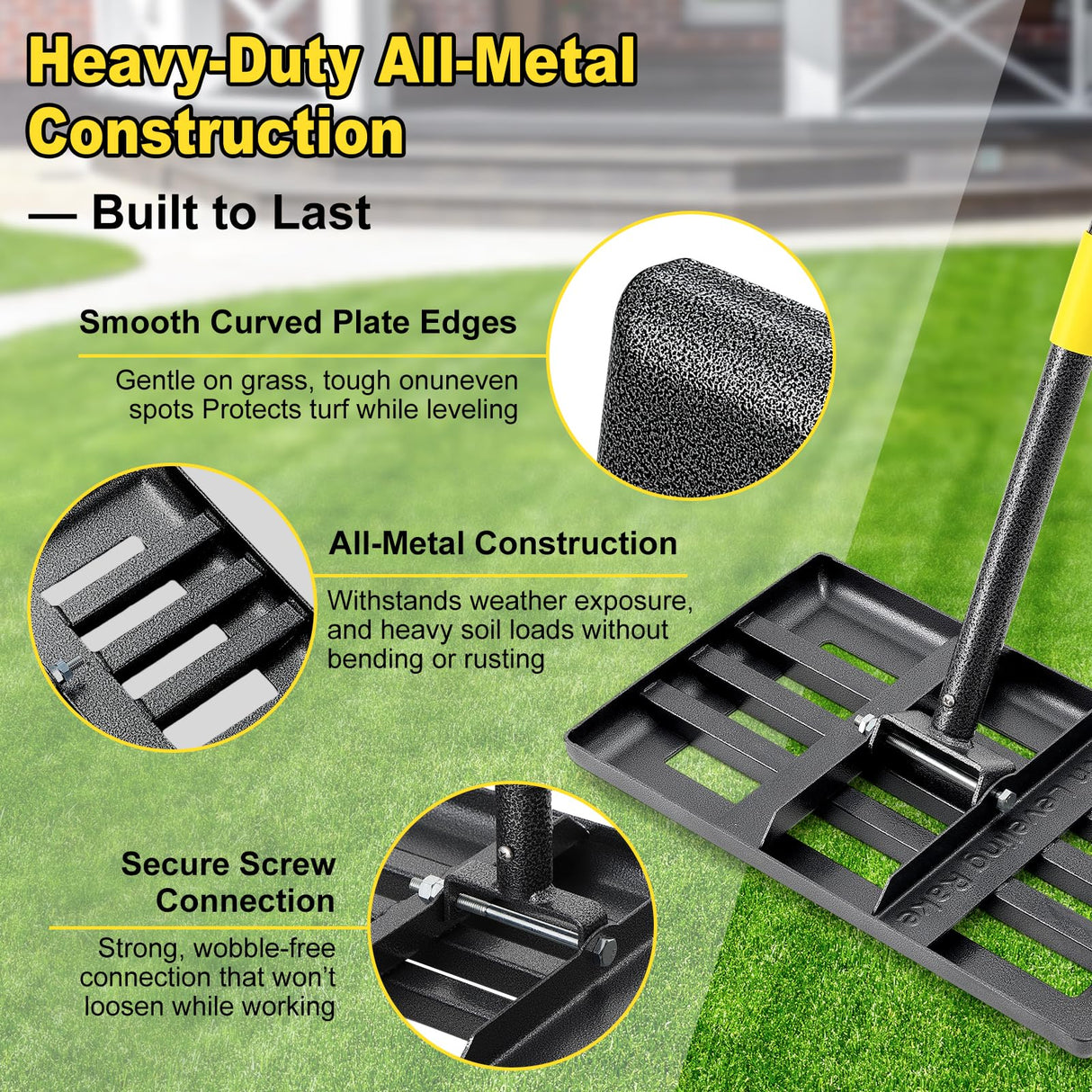 Lawn Leveling Rake, Heavy Duty 17" x 10" Stainless Steel Lawn Leveler for Soil Dirt Leveling Spreading,72" Adjustable Long Handle,Golf Field,Lawn,Tight Spot Landscaping Tool,Ground Leveler for Yard