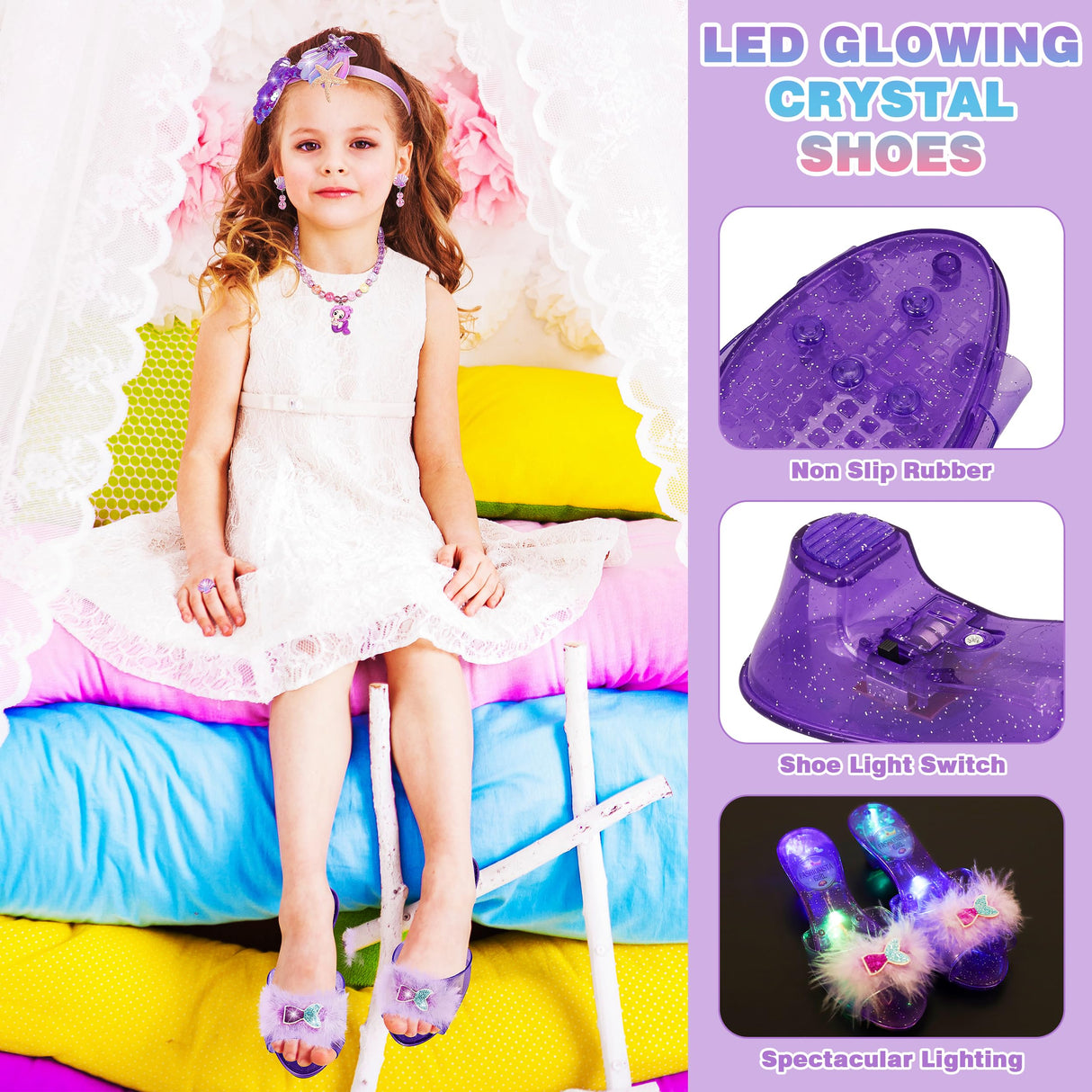 Princess Dress Up for Girls, Toddler Toys for Ages 3-8, 3 PCS Light Up Toddler Dress Up Clothes with Accessories, Kids Toys for 3 4 5 6 7 8 years Girl Christmas Halloween Birthday Gift