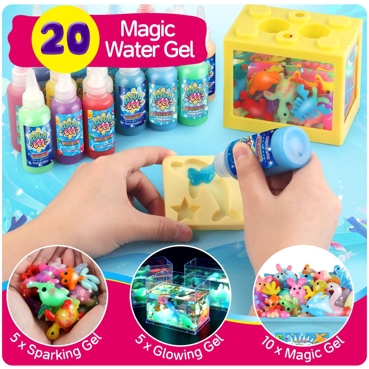Magic Water Elf Toy Kit, Aqua Fairy Water Gel Kit with 20PCS Magic Gels and Animal Molds, Gift for Christmas, Easter, Birthday,Creative Art Craft Kits for Girls Boys 6 7 8 9 10 Year Old