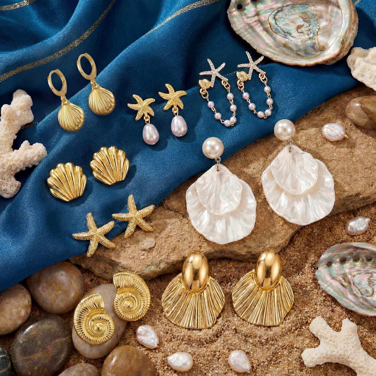 Nosiny 8 Pairs Beach Earrings for Women Gold Starfish Seashell Pearl Drop Shell Conch Earrings Summer Ocean Beachy Jewelry