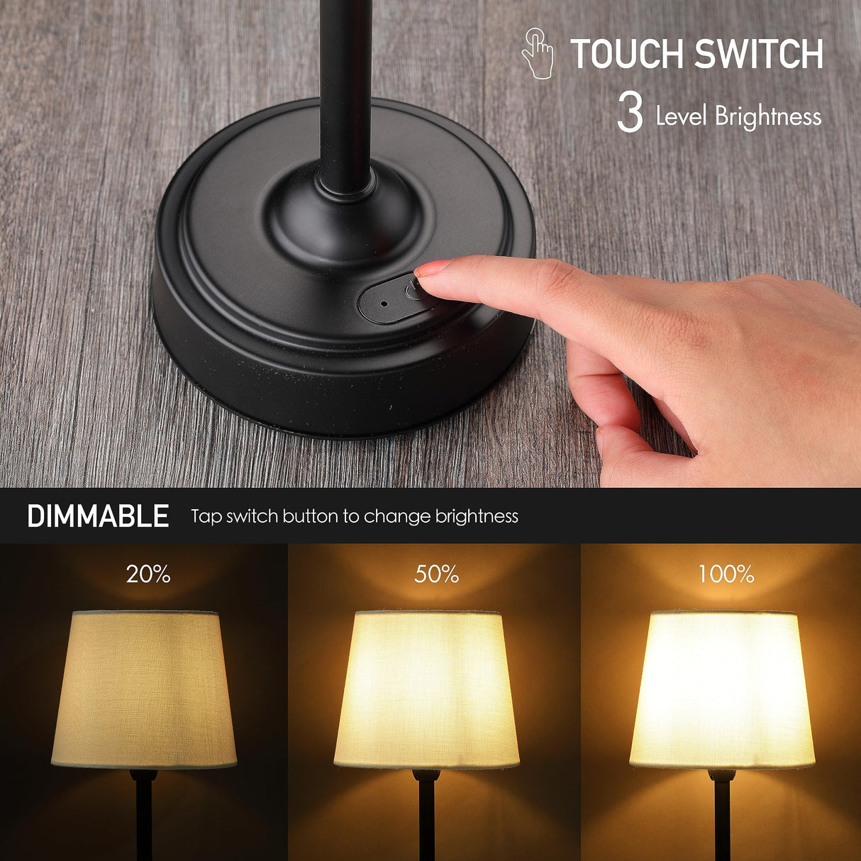 O’Bright Seraph - Cordless LED Table Lamp with Dimmer, Built-in Rechargeable Battery, 3-Level Brightness, Patio Table Lamp, Bedside Night Lamp, Ambient Light for Restaurant, Black