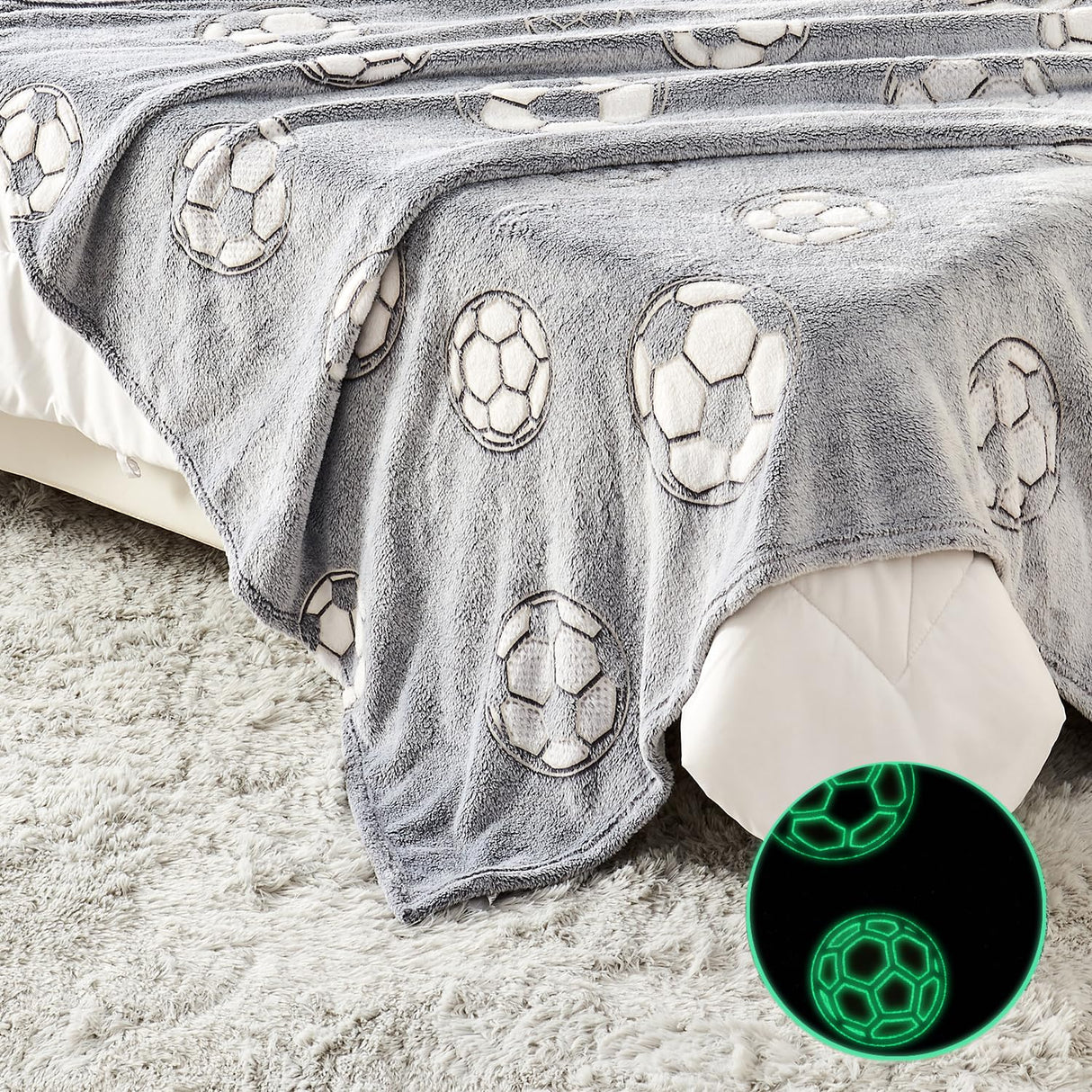 Wajade Soccer Gifts Toys for Boys Girls - Glow in The Dark Soccer Blanket Birthday Christmas Decor for Kids Age 3 4 5 6 7 8 9 10 11 12 Years Old Teens Child Toddler Throw Light Grey 60"x80"