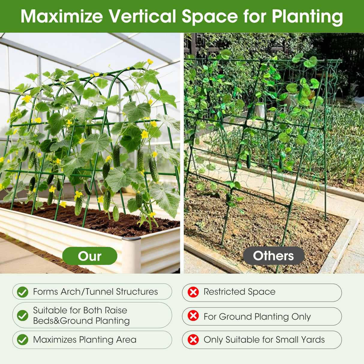 MQHUAYU Cucumber Trellis for Raised Bed,U-Shape Garden Trellis for Climbing Plants Outdoor, Metal Arch Vegetables Trellis, Plant Support for Vine (Green, 63" Lx21.6 Wx47.2 H-Large)