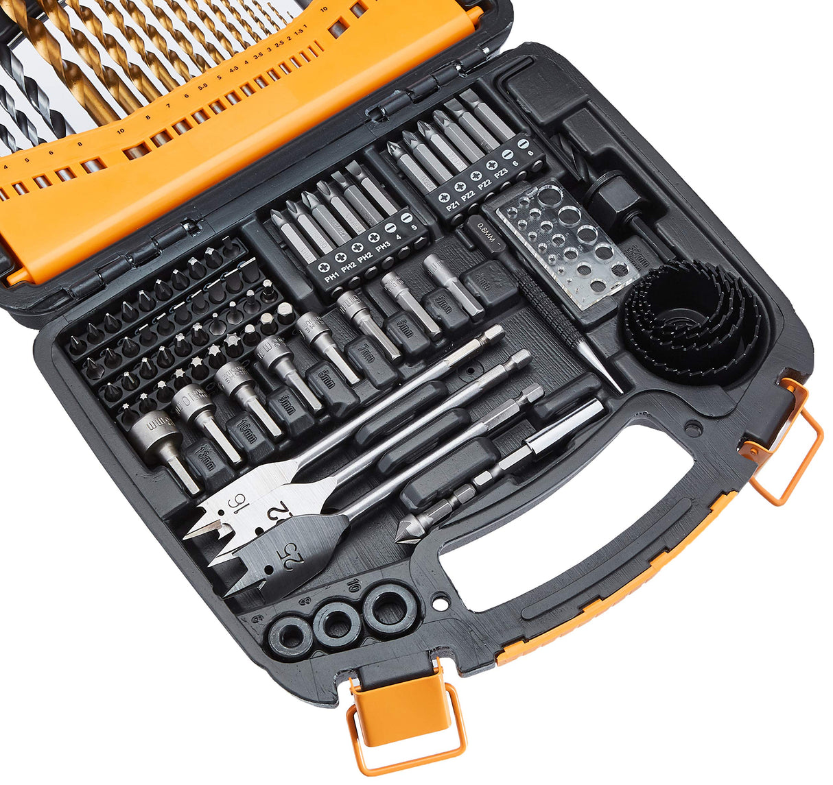 Amazon Basics Drill & Driver Multi Bit Set, Alloy Steel Drill Bits for Metal, Wood, Plastic, Masonry, with Storage Case, 100-Piece