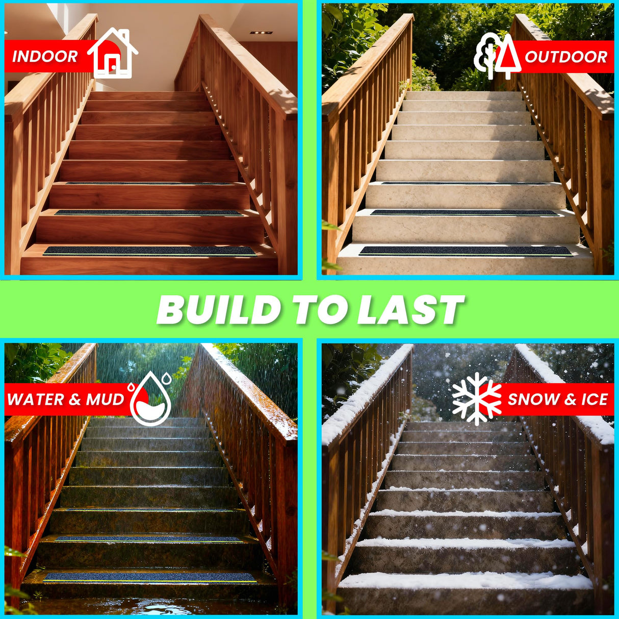 LifeGrip Anti Slip Traction Treads 10 Pack, 6"x32" with Glow in Dark Stripe, Best Grip Tape Grit Non Slip, Outdoor Non Skid Tape, High Traction Friction Abrasive Adhesive for Stairs Step