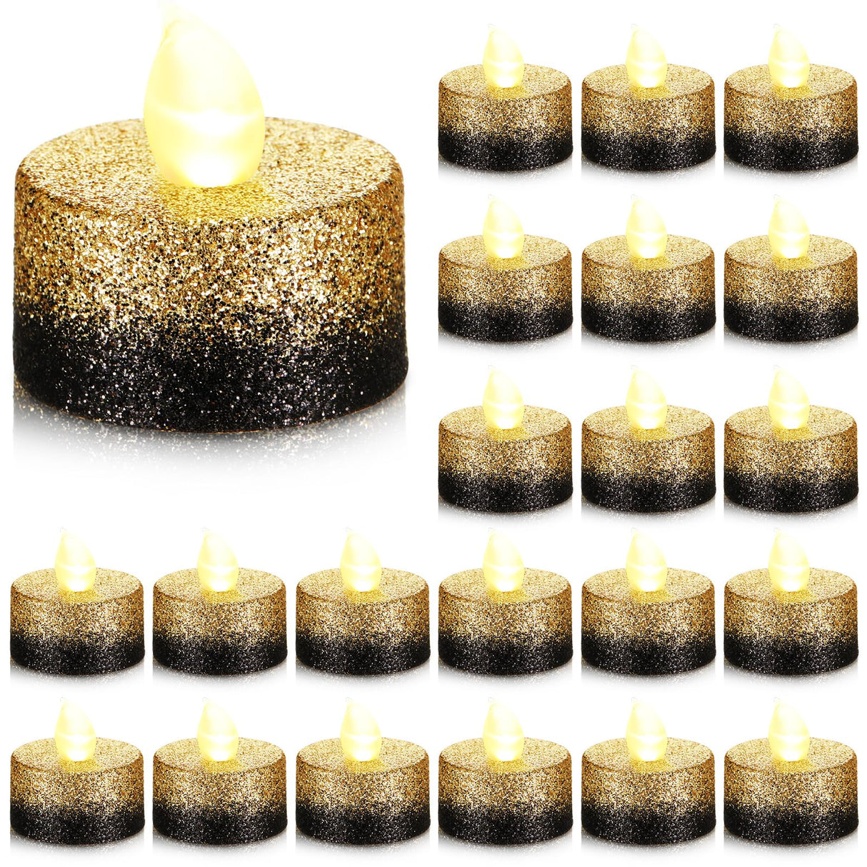 Retisee 48 Pcs Flameless LED Tea Lights Gold Black Glitter Electric Fake Candles for Centerpieces Battery Operated Anniversary Decorations Romantic Winter Decor for Wedding Festival Christmas Birthday