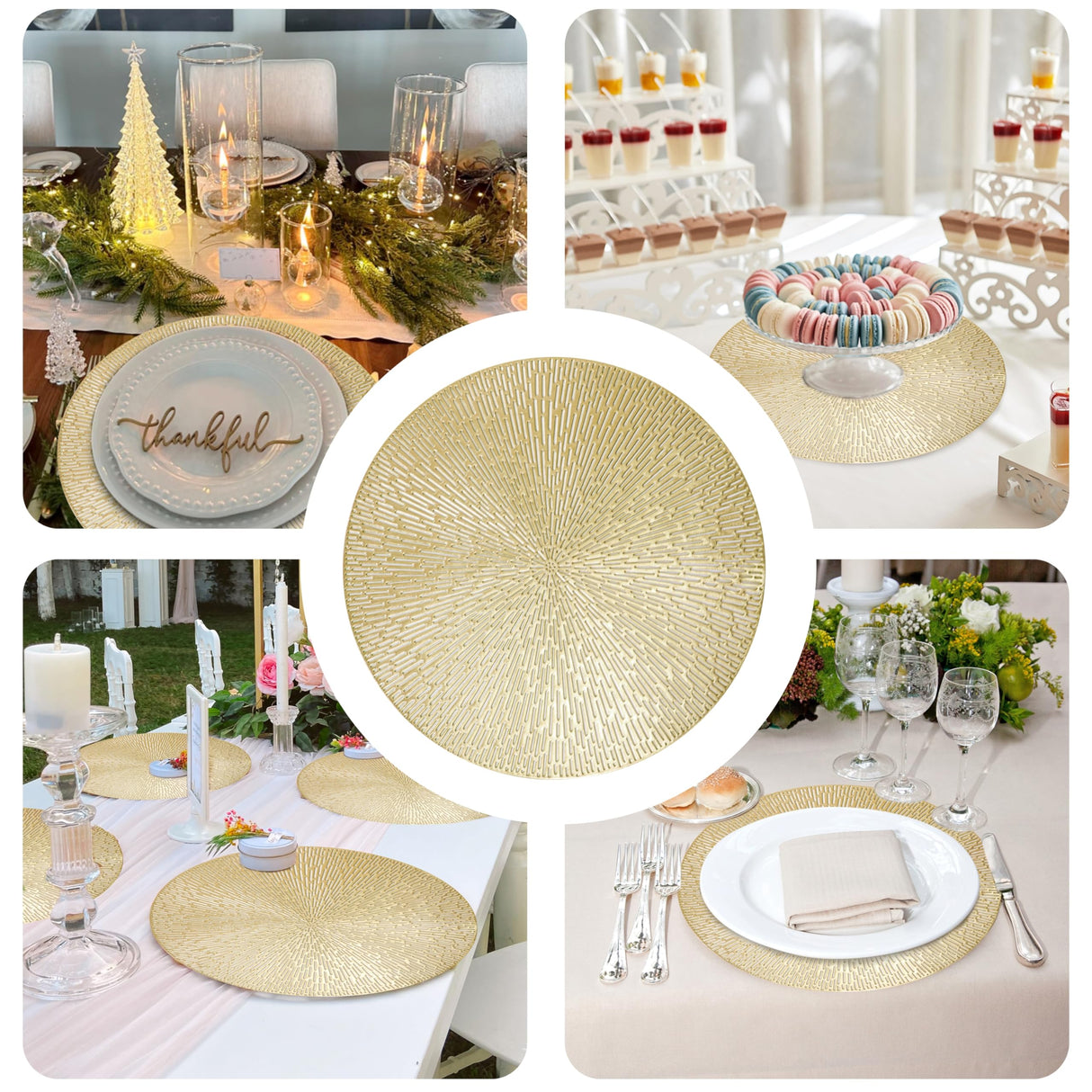 Snowkingdom Round Gold Placemats Set of 12, Gold Vinyl Metallic 15 Inch Round Placemat, Washable Wipeable Hollow Place Mats Non Slip Dining Table Mats for Halloween Wedding Party Christmas Decoration
