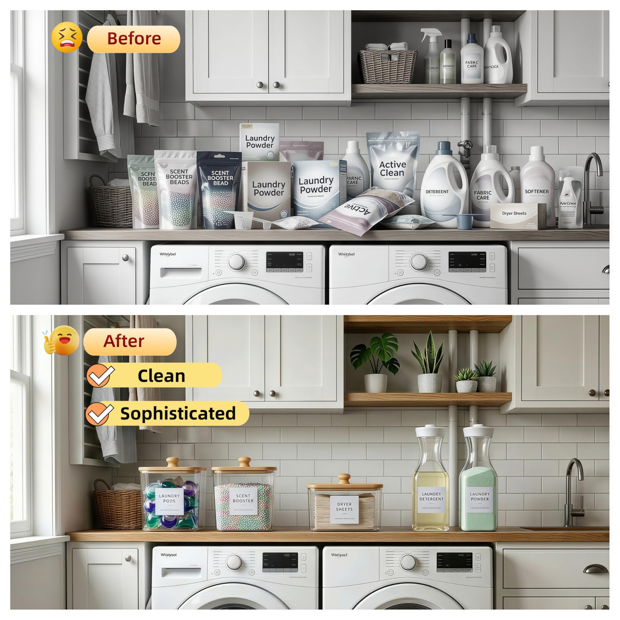 3+2 Pack Laundry Pods Containers & Dryer Sheet Holder & Laundry Detergent Dispenser, Laundry Room Organization and Storage Jars with Lids, Labels and Scoops for Scent Booster, Powder, Pods