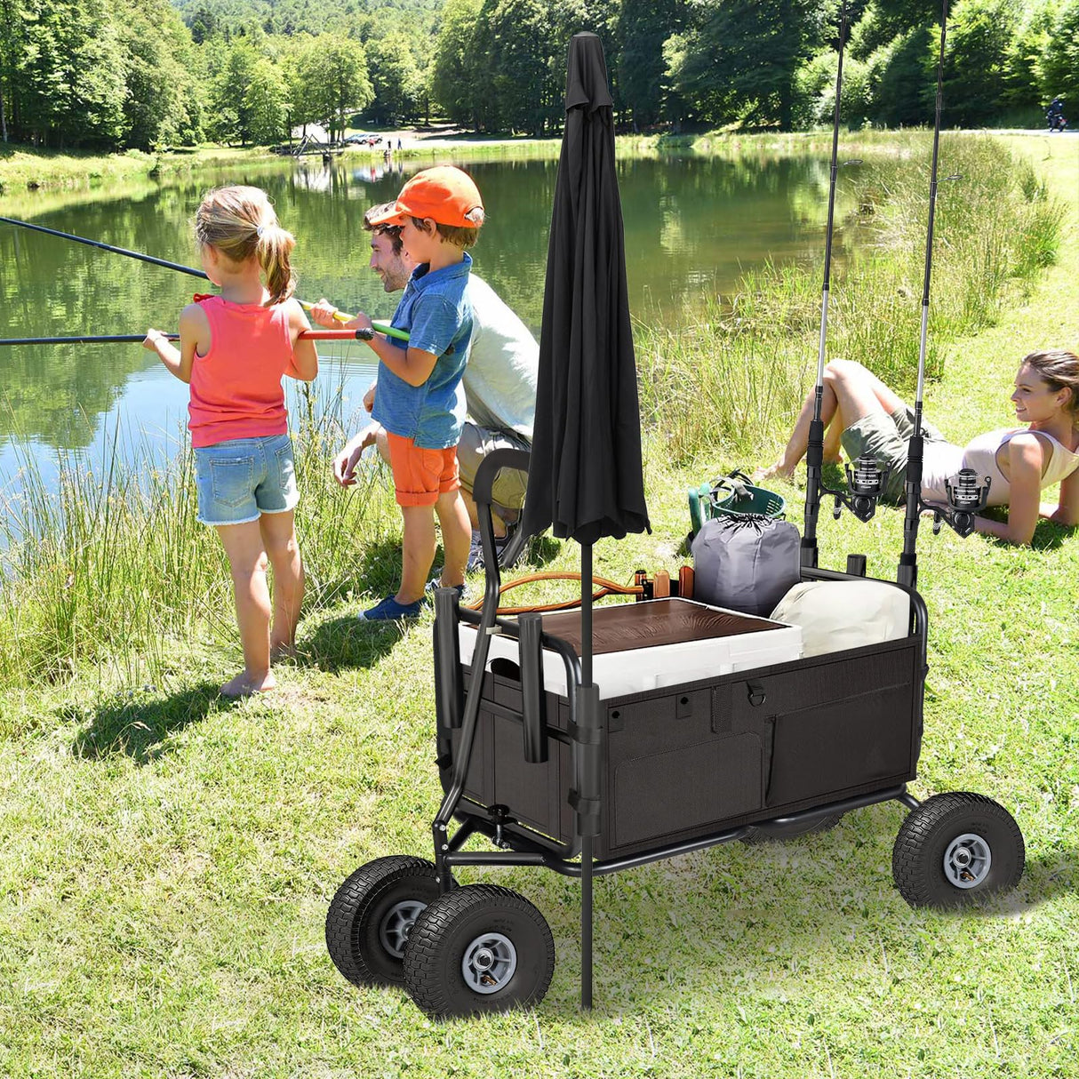 Polar Aurora Fishing Cart Beach Cart Collapsible Wagon w/11'' All-Terrain Wheels for Sand, Heavy Duty Garden Cart with Rod Holders,Umbrella Holder and Storage Pockets, 550lb Large Capacity