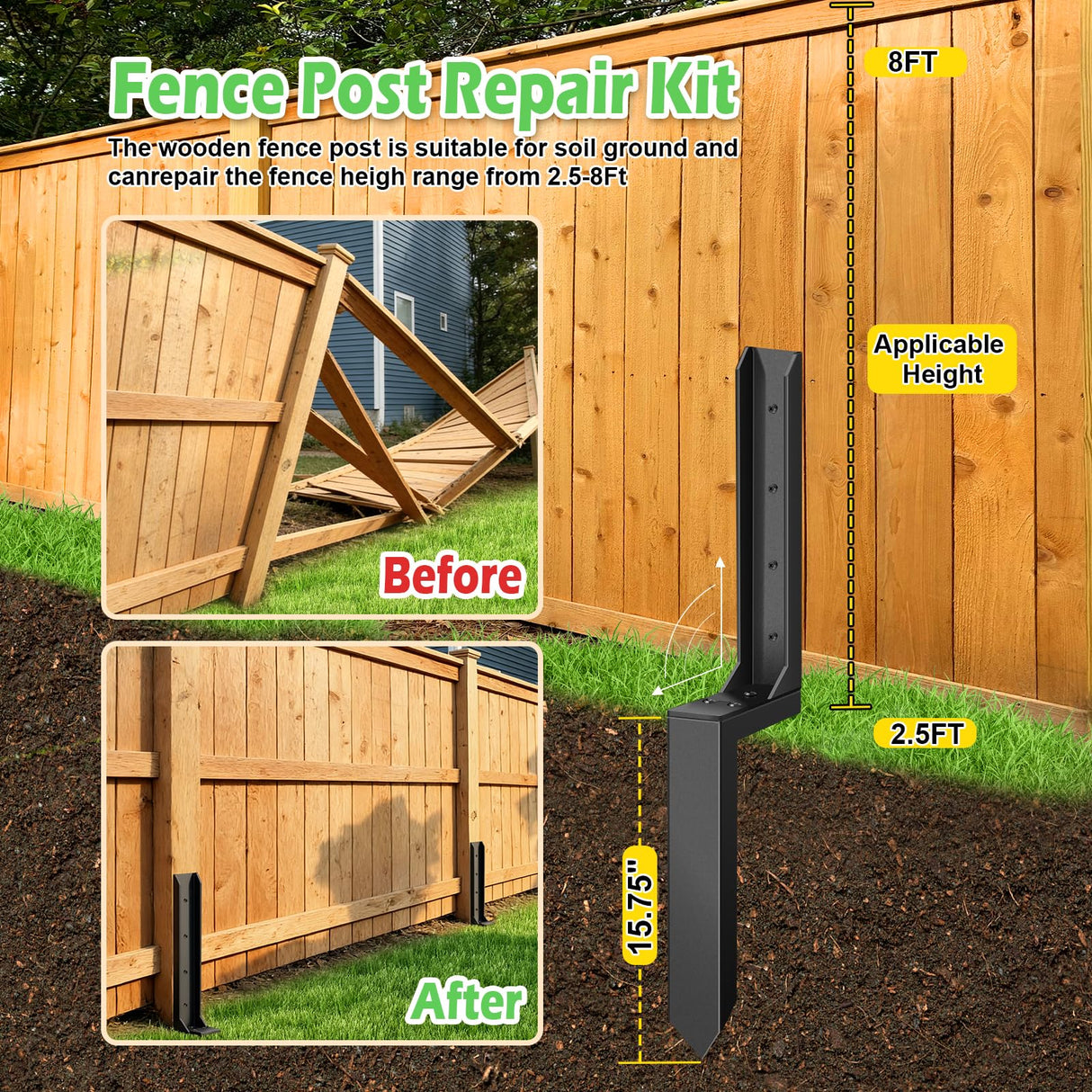 8 Pcs Fence Post Repair, Heavy Duty Fence Post Kit Anchor Ground Stakes for Repairing Tilted, Broken Wood Support