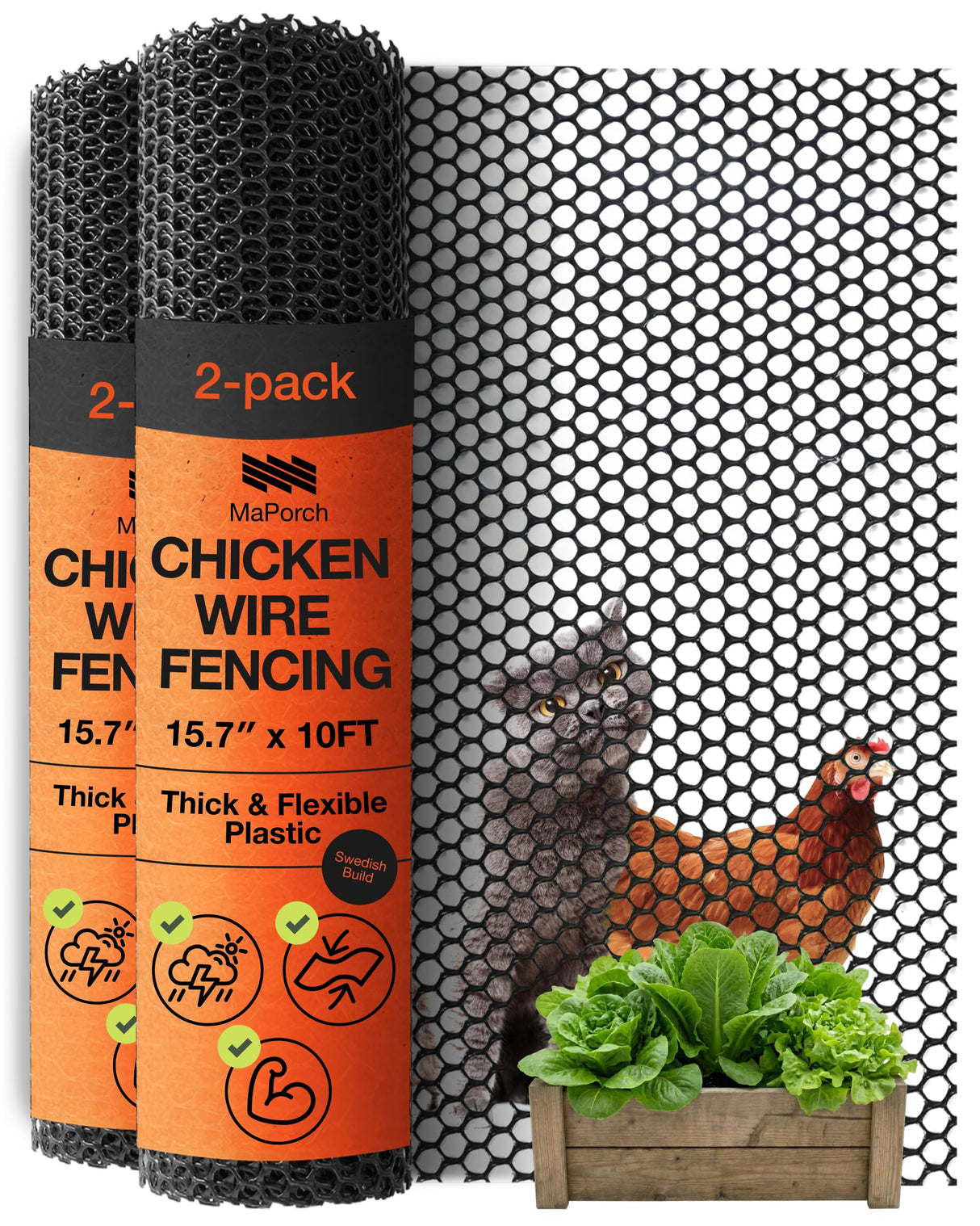 Maporch Plastic Chicken Wire Fencing for Pet Protection - 15.7" x 10ft, Black HDPE Mesh - Garden Fence Animal Barrier for Dogs, Cats and Rabbits (2-Pack)
