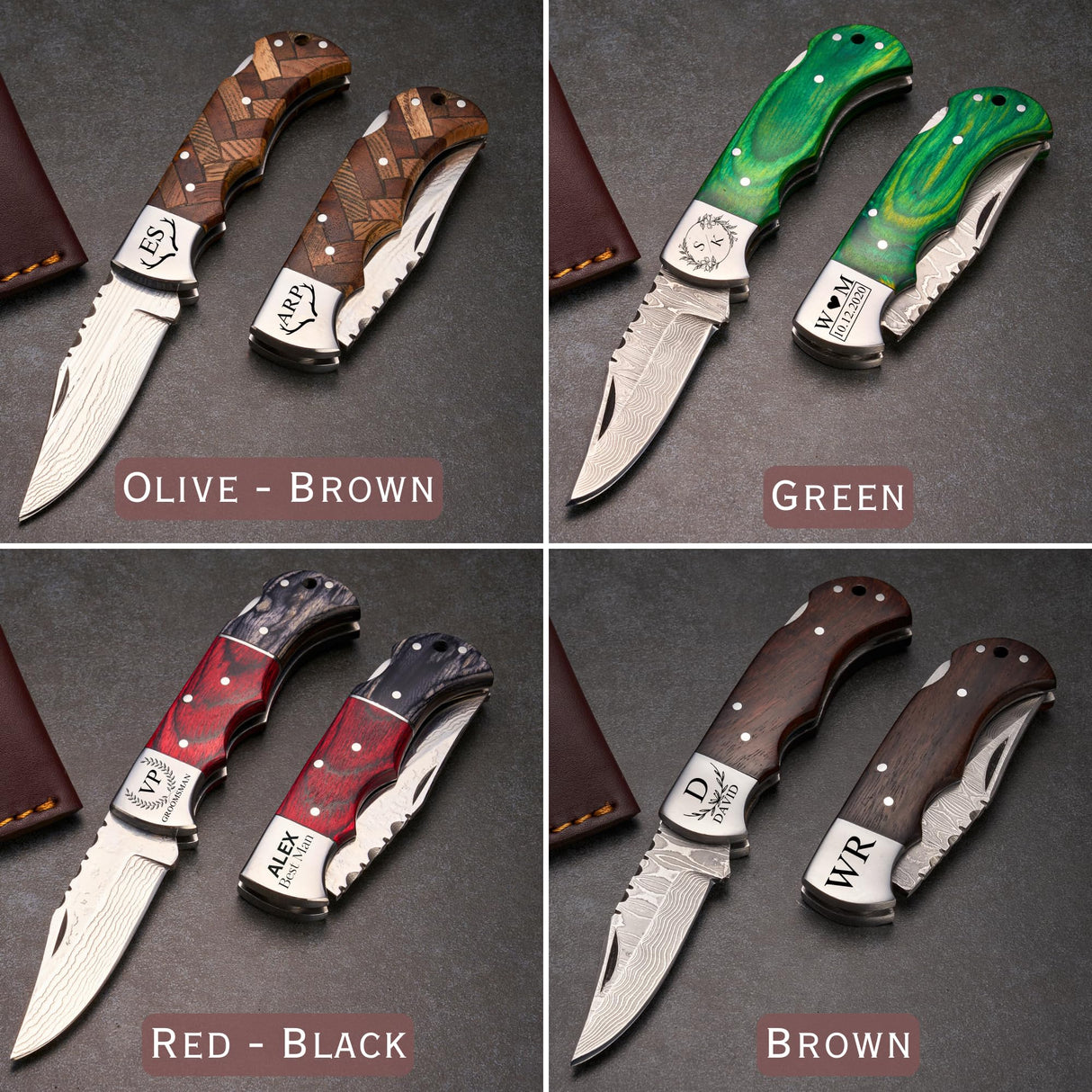 Personalized Folding Knife - Damascus Olive-Brown Pocket Knife, Custom Gift for Husband, Boyfriend, Dad, Son, Groomsmen, Perfect for Birthday, Anniversary, Father’s Day, Christmas Gift