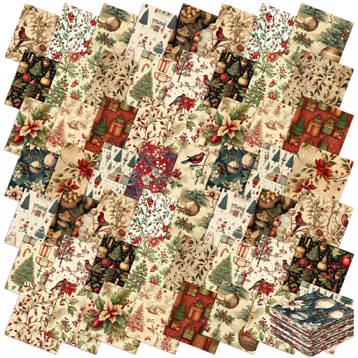 Fanfanwin 100 Pcs 10 x 10 Inch Vintage Christmas Quilting Fabric Christmas Fat Squares Patchwork Strips Santa Red Cardinal Precut Fabric Bundles for Xmas Handmade Crafting DIY Craft Sewing Material