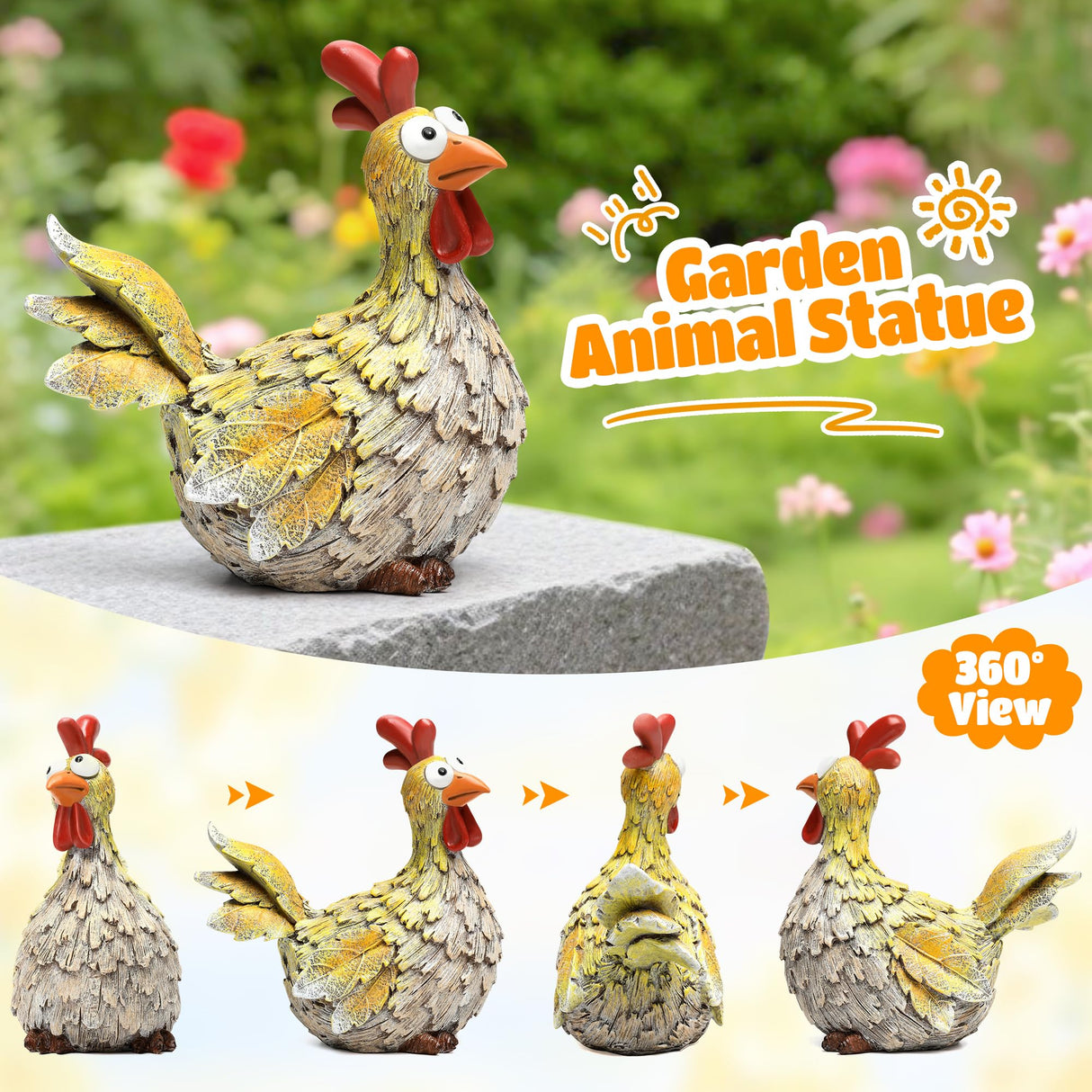Wiresusan Outdoor Farmhouse Funny Chicken Statues Garden Cute Chicken Decorations Resin Animal Figurines Hen Yard Art Sculpture for Farm, Garden, Patio, Lawn, Outside Home Hen Decor