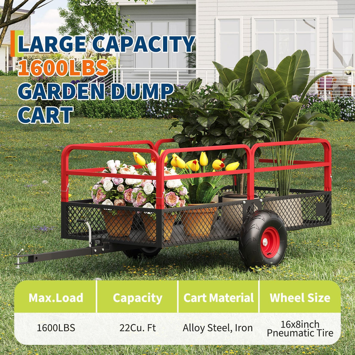 GarveeLife ATV UTV Tow Behind Dump Trailer 1600 lbs 22 Cubic, Red